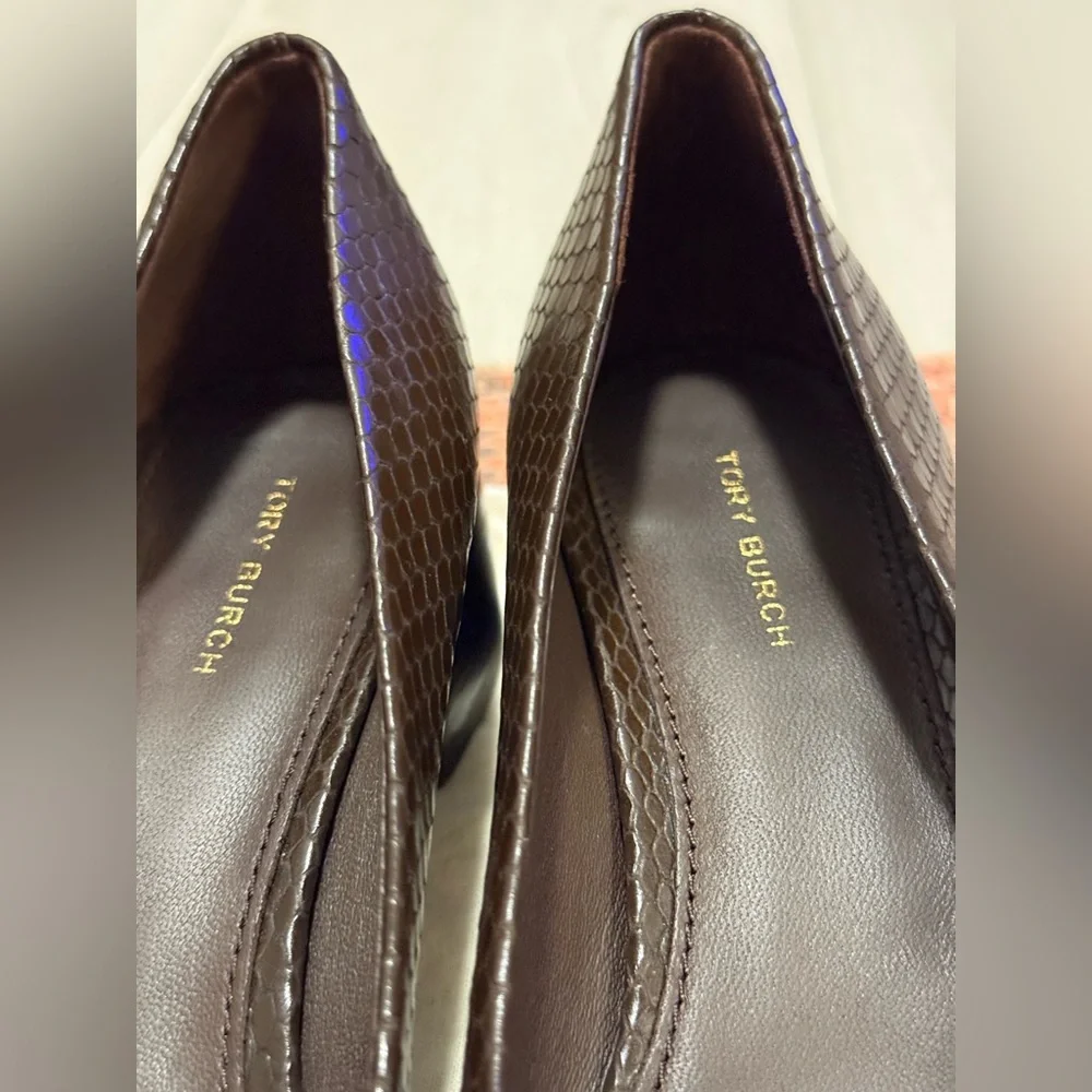 Tory Burch Brown Snake-Embossed Logo Ballet Flat